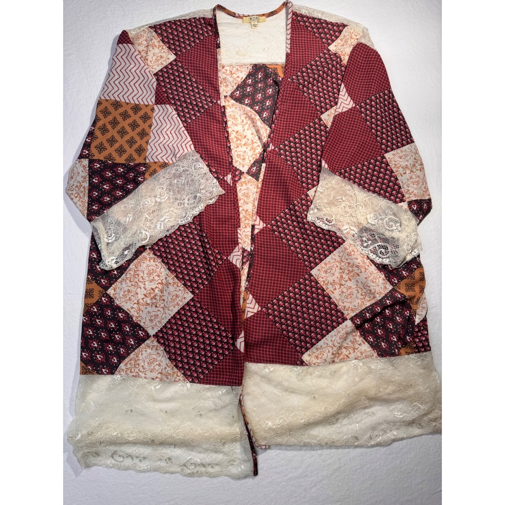 Kori America Patchwork Lace Trim Kimono Cardigan Burgundy Rust L V5306